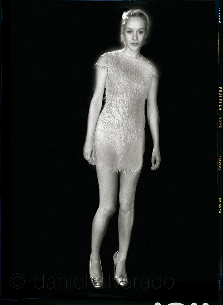 Chloe Sevigny wearing a stunning metallic feathered mini dress and matching pumps.looking fabulous. By Celebrity Art
photographer Daniel Alvarado